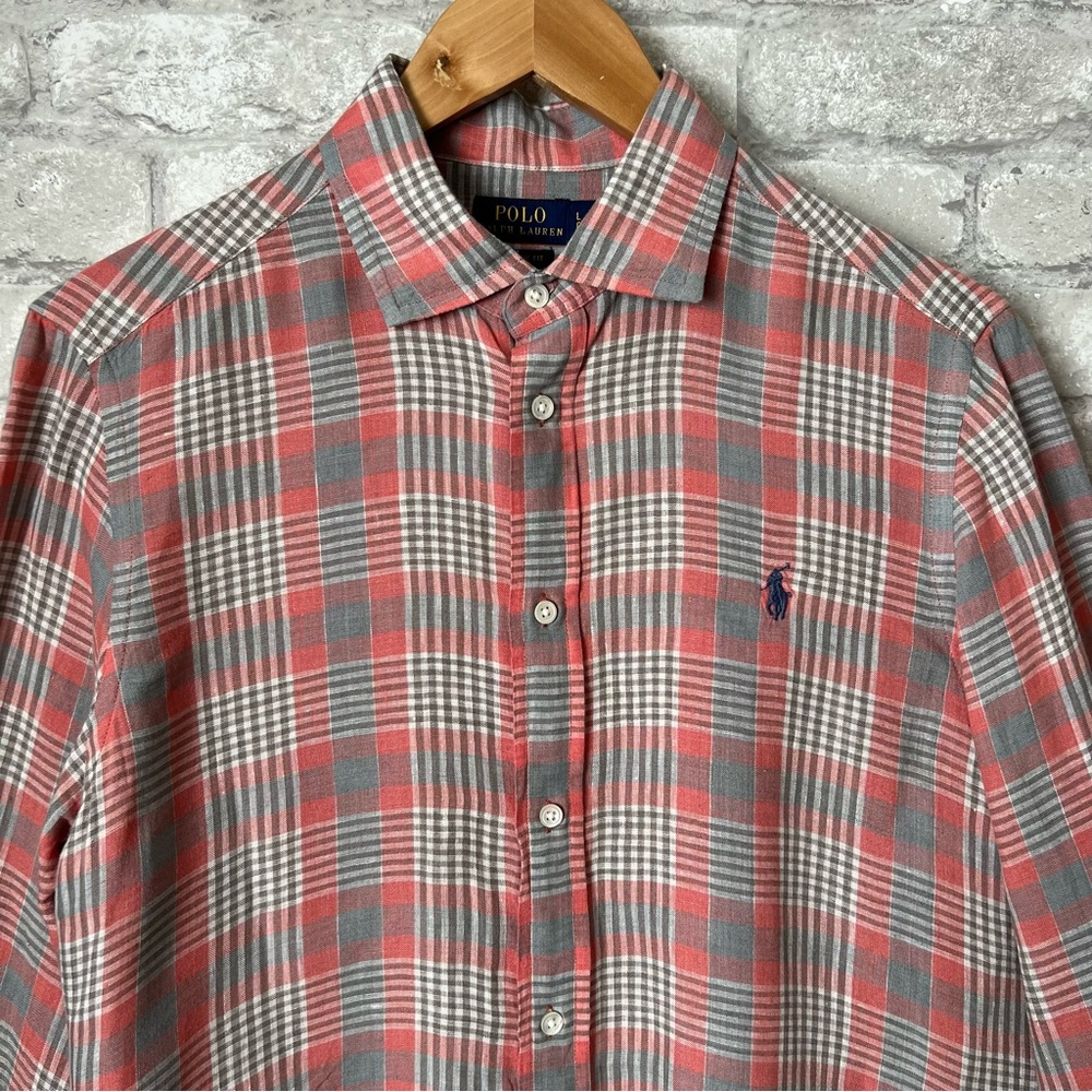 Polo Ralph Lauren Men's Large 100% Linen Pink Plaid Button Up Shirt. Classic Fit - Picture 3 of 11